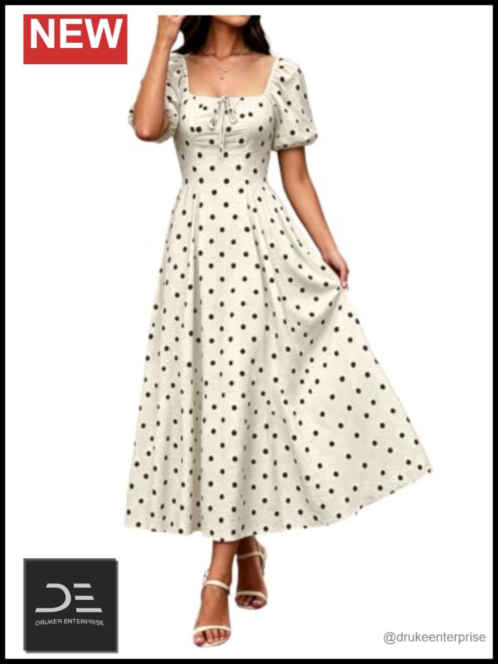 FOMELY Women's Polka Dot Maxi Dress Square Neck Puff Sleeve Fit & Flare